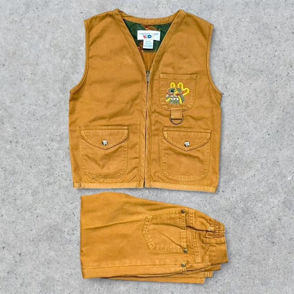Vintage Embroidered Wildlife Canvas Work Wear Vest and Pants Set
